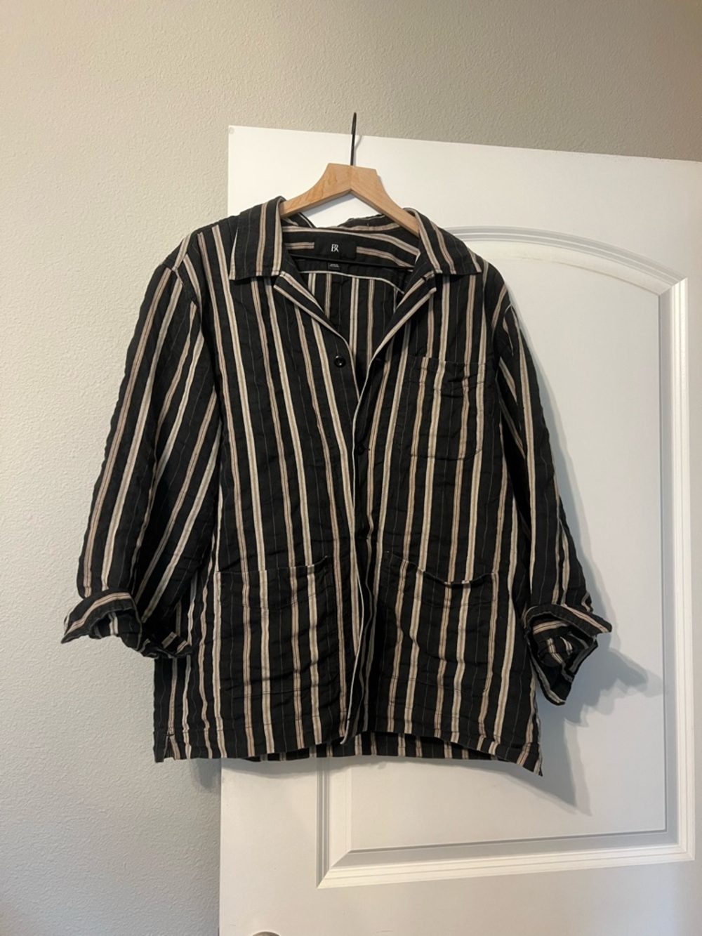 Striped Black & Brown Linen-Blend Button-Up Shirt Jacket